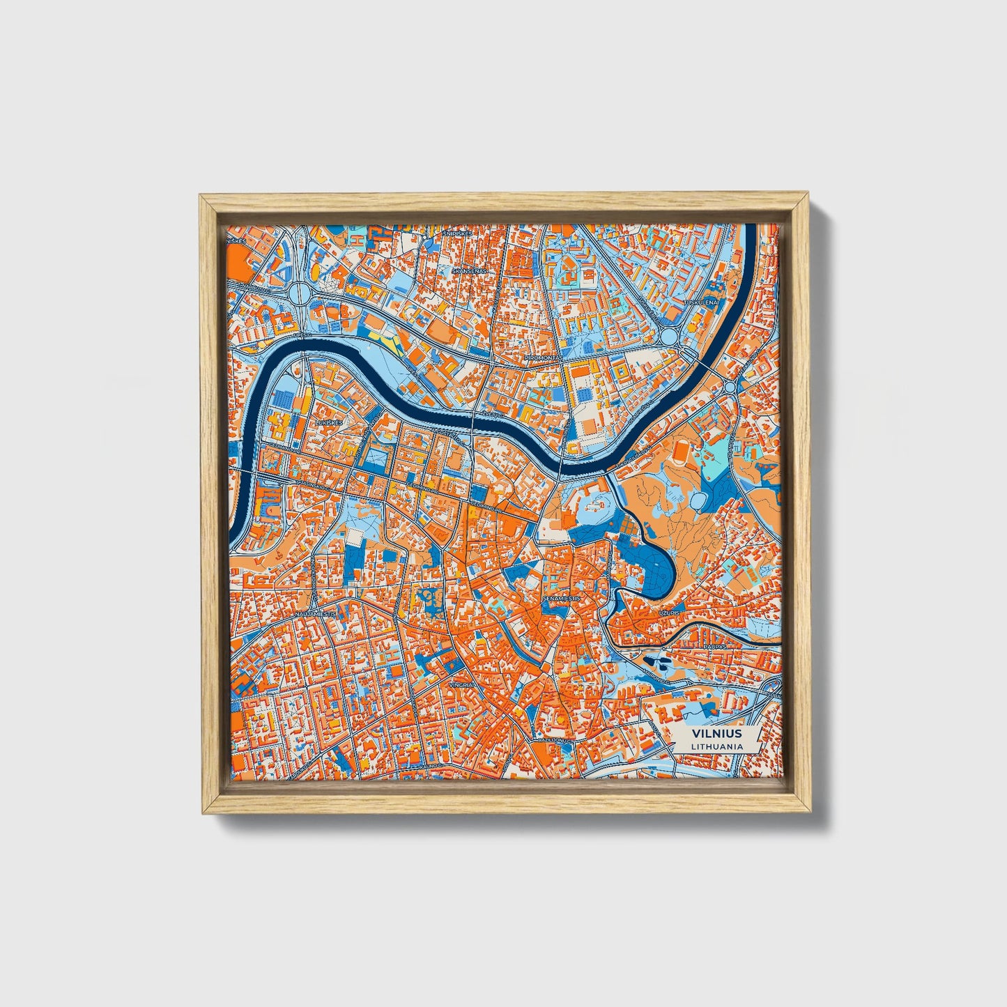 Vilnius Lithuania Colorful City Map Canvas Print • Natural Wooden Framed