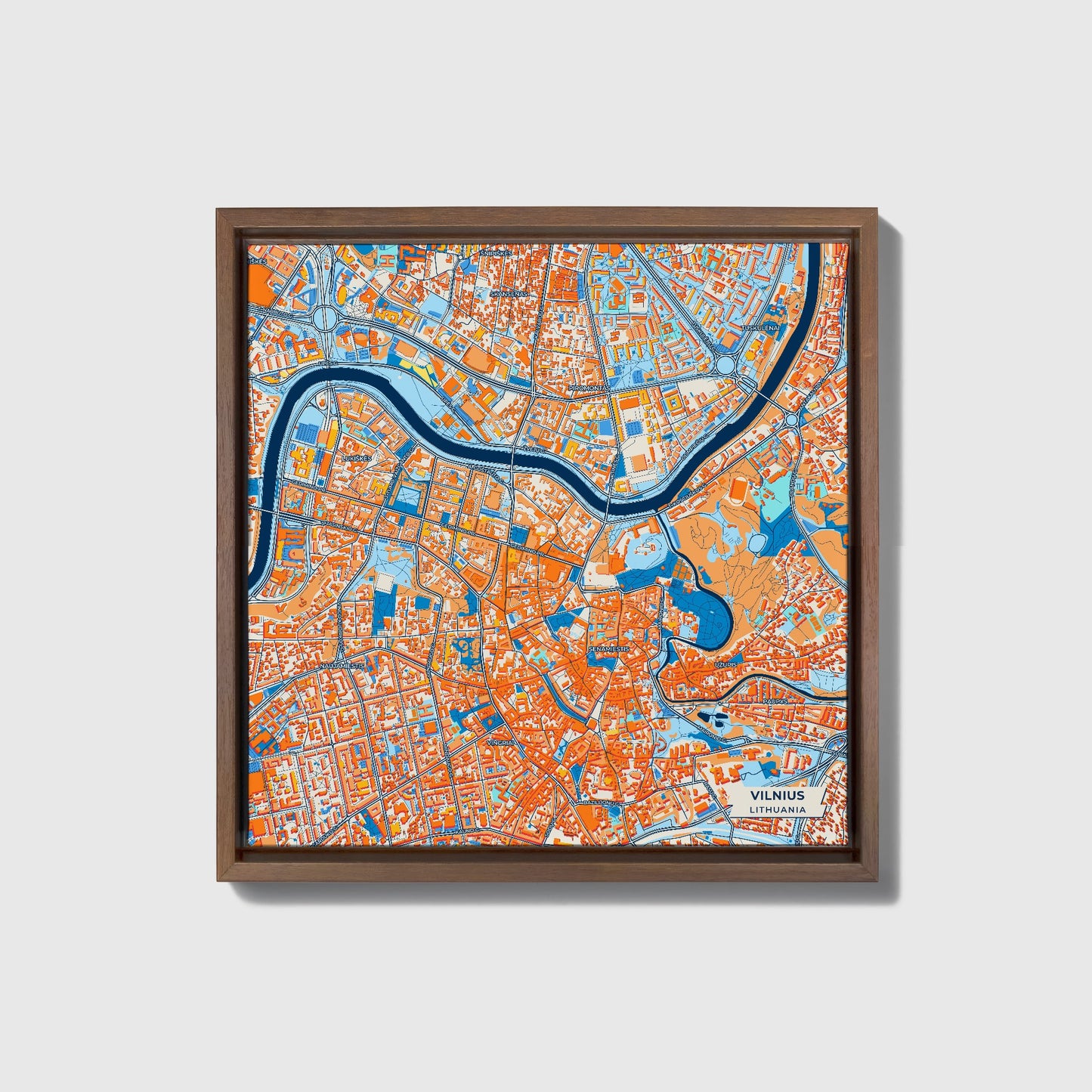 Vilnius Lithuania Colorful City Map Canvas Print • Dark Wooden Framed