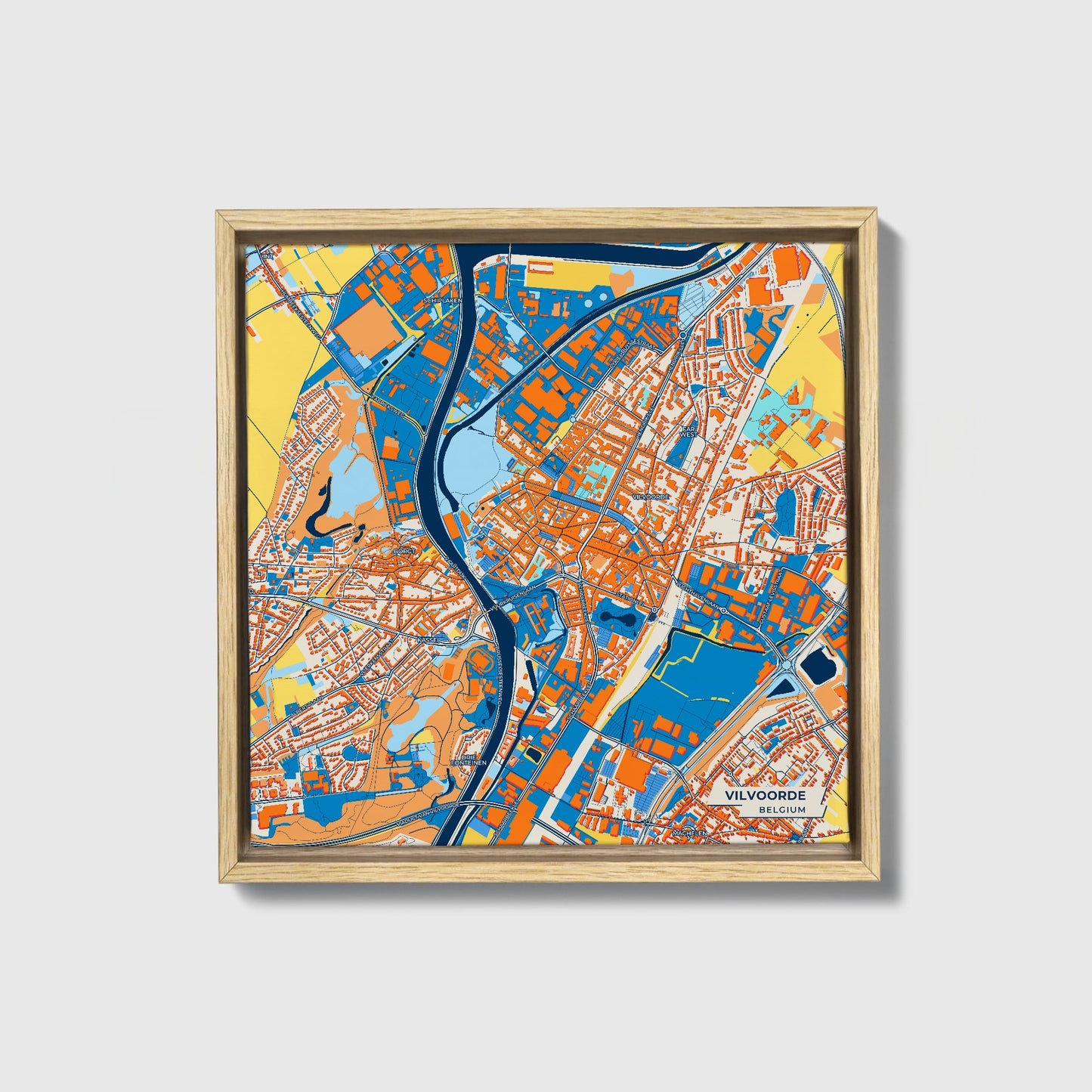 Vilvoorde  Belgium Colorful City Map Canvas Print • Natural Wooden Framed