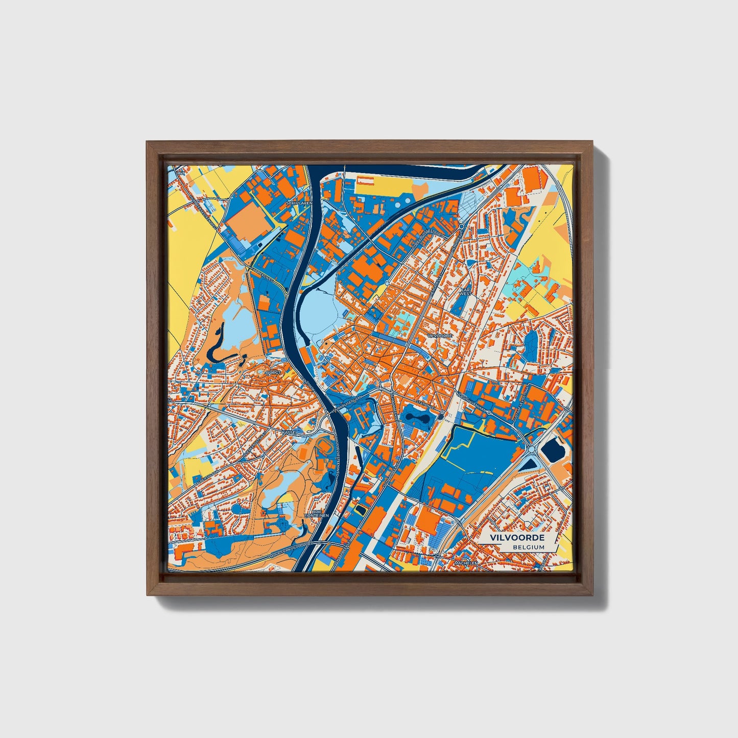 Vilvoorde  Belgium Colorful City Map Canvas Print • Dark Wooden Framed