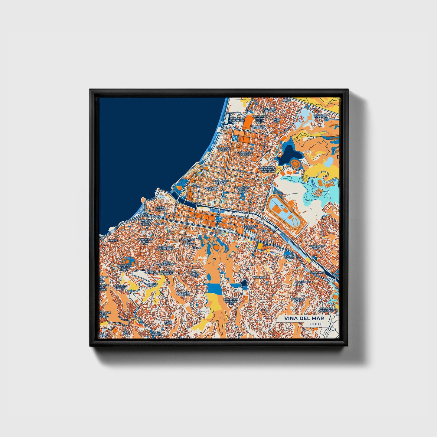 Vina Del Mar Chile Colorful City Map Canvas Print • Black Framed