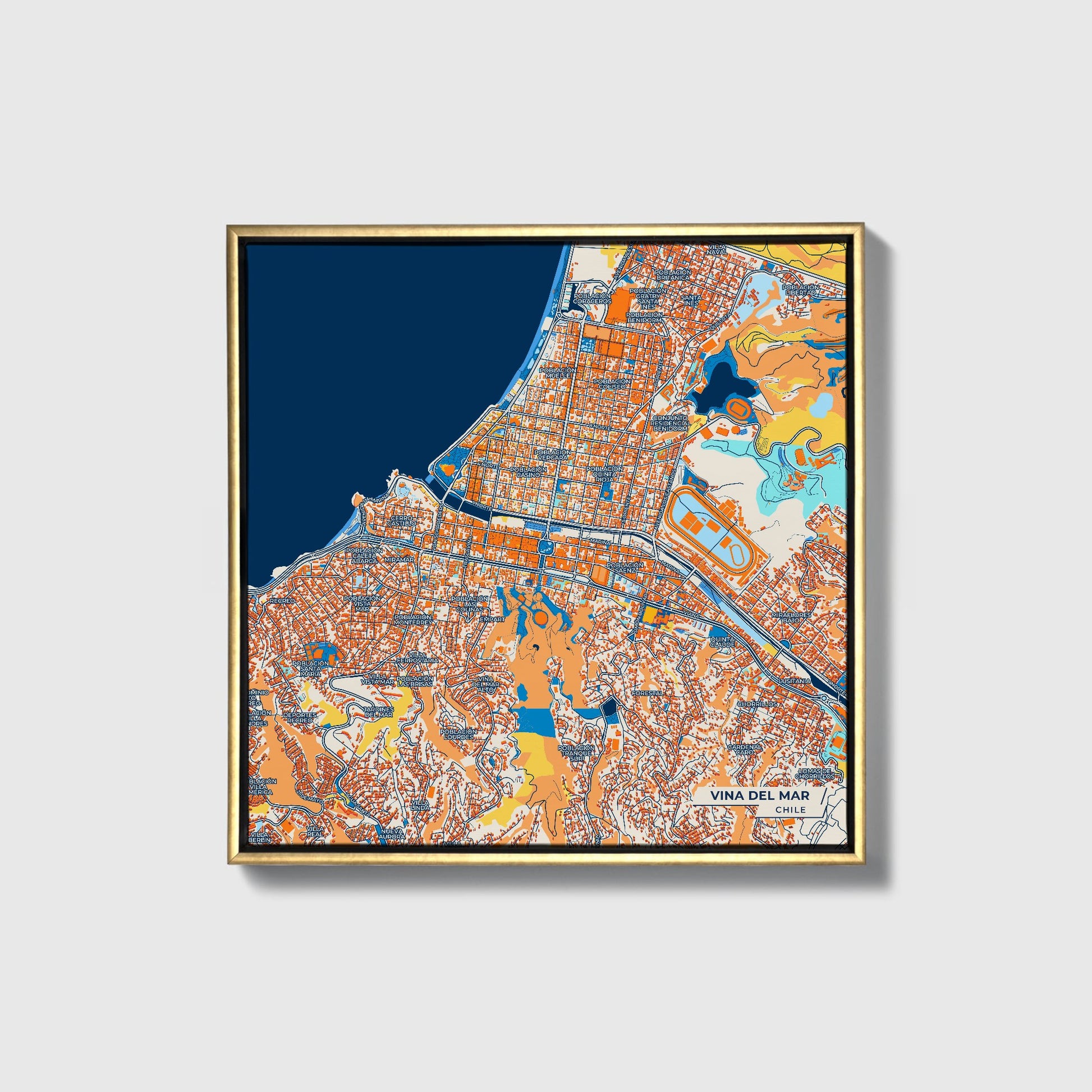 Vina Del Mar Chile Colorful City Map Canvas Print • Gold Framed