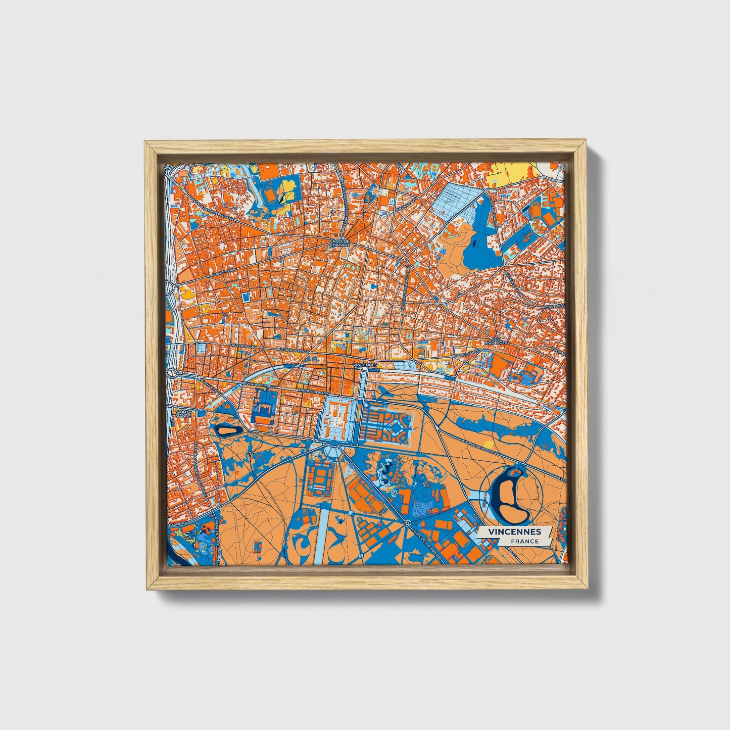 Vincennes France Colorful City Map Canvas Print • Natural Wooden Framed