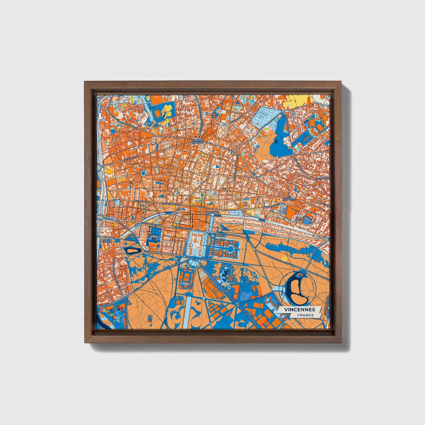 Vincennes France Colorful City Map Canvas Print • Dark Wooden Framed