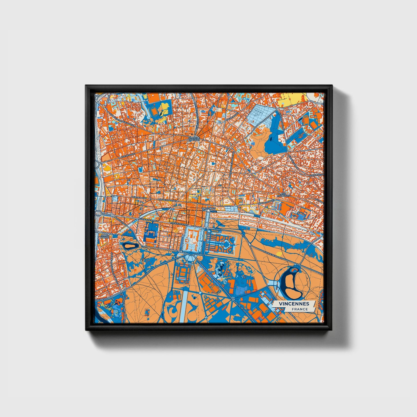 Vincennes France Colorful City Map Canvas Print • Black Framed