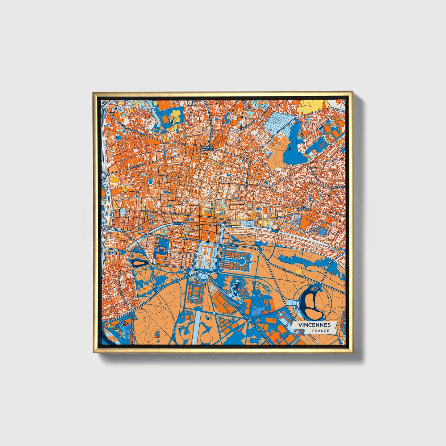 Vincennes France Colorful City Map Canvas Print • Gold Framed