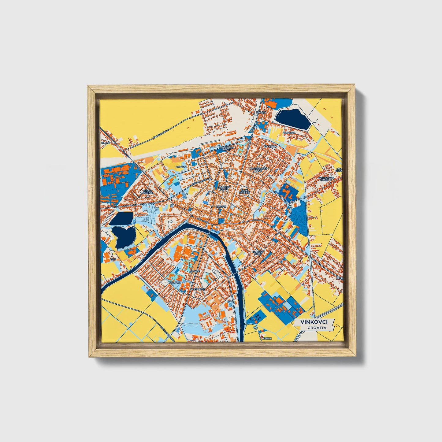 Vinkovci Croatia Colorful City Map Canvas Print • Natural Wooden Framed