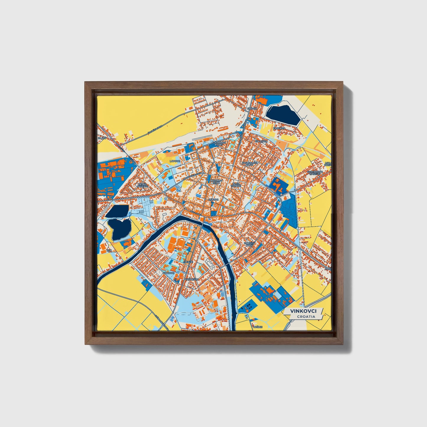 Vinkovci Croatia Colorful City Map Canvas Print • Dark Wooden Framed