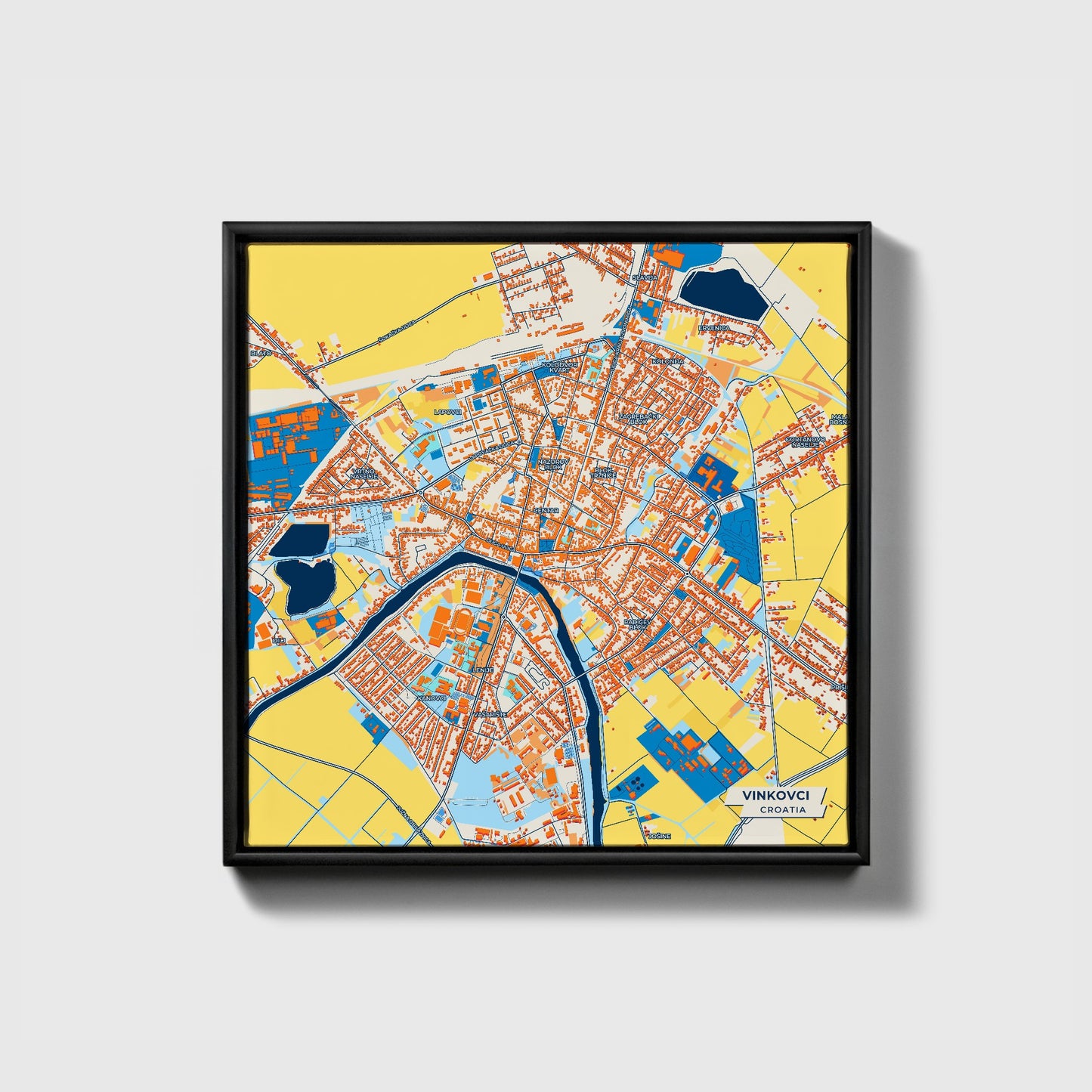 Vinkovci Croatia Colorful City Map Canvas Print • Black Framed