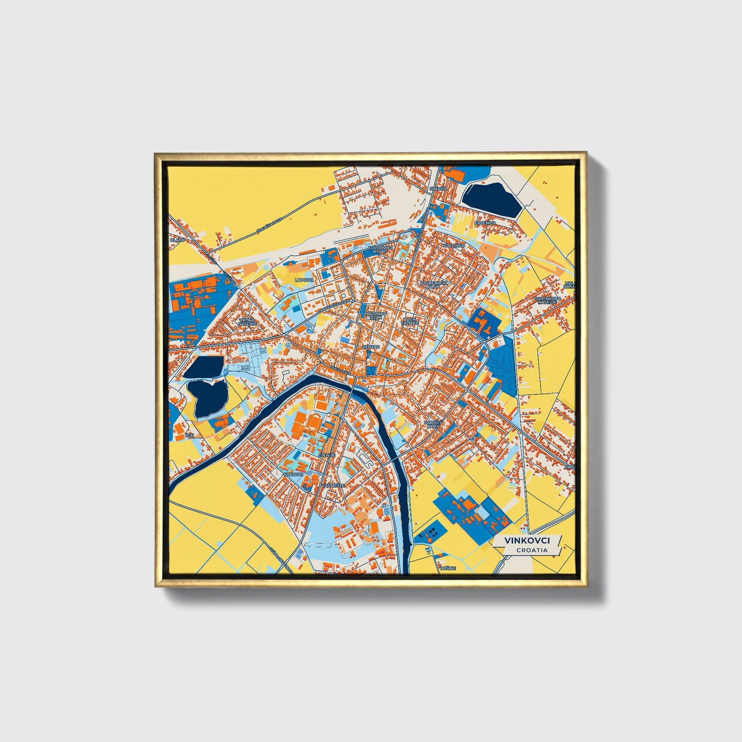 Vinkovci Croatia Colorful City Map Canvas Print • Gold Framed