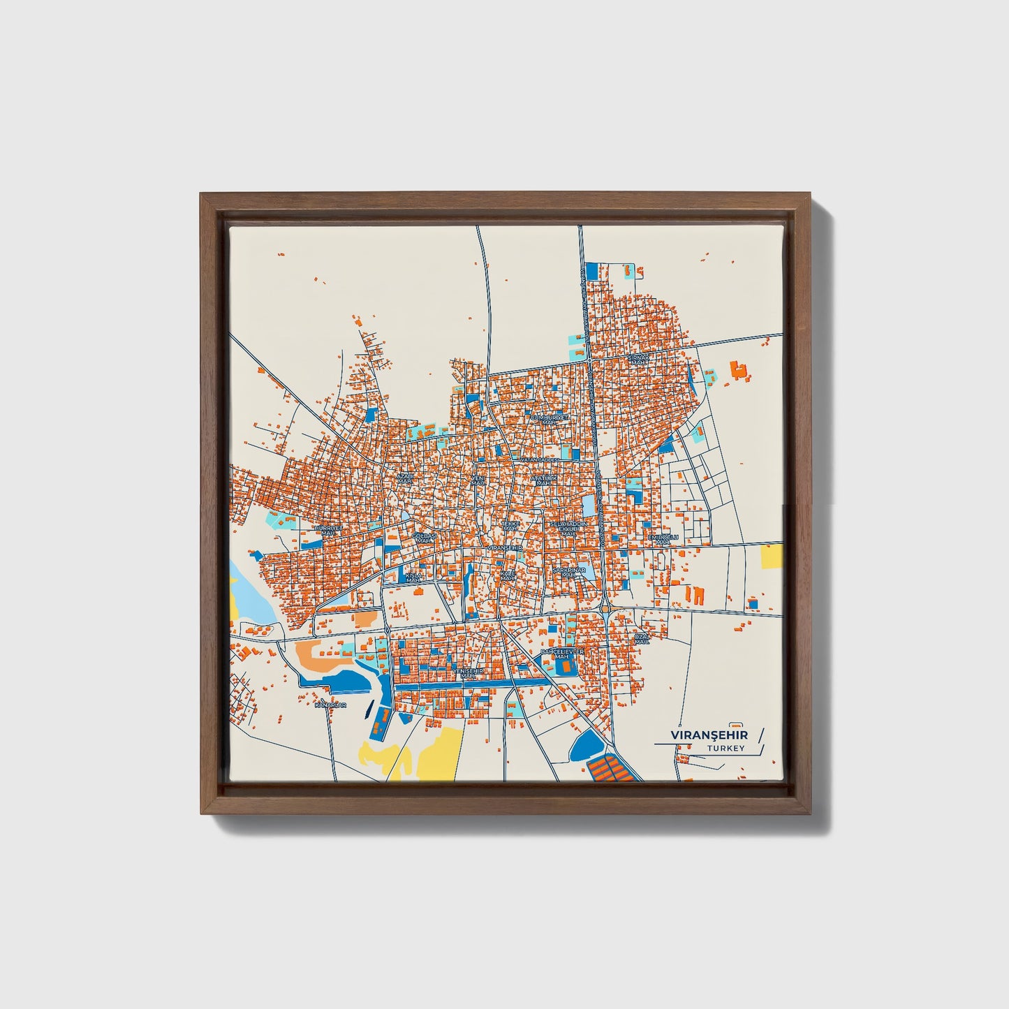 Viranşehir Turkey Colorful City Map Canvas Print • Dark Wooden Framed