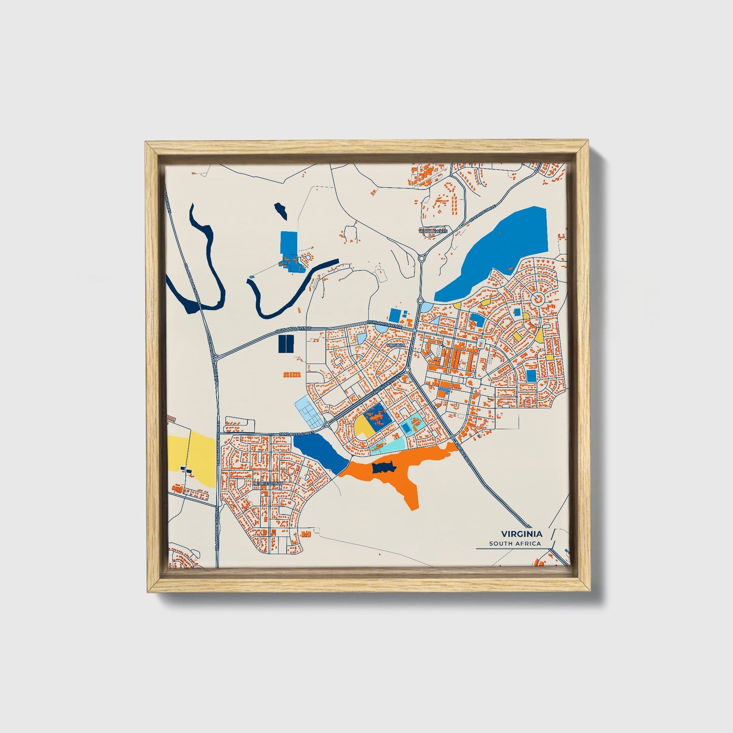 Virginia South Africa Colorful City Map Canvas Print • Natural Wooden Framed