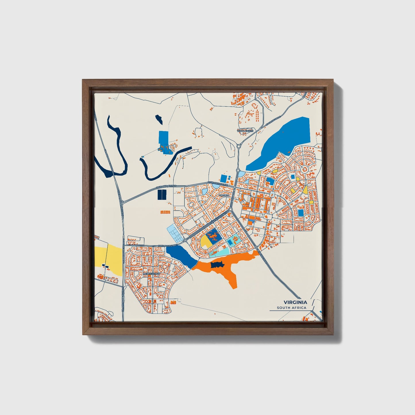 Virginia South Africa Colorful City Map Canvas Print • Dark Wooden Framed
