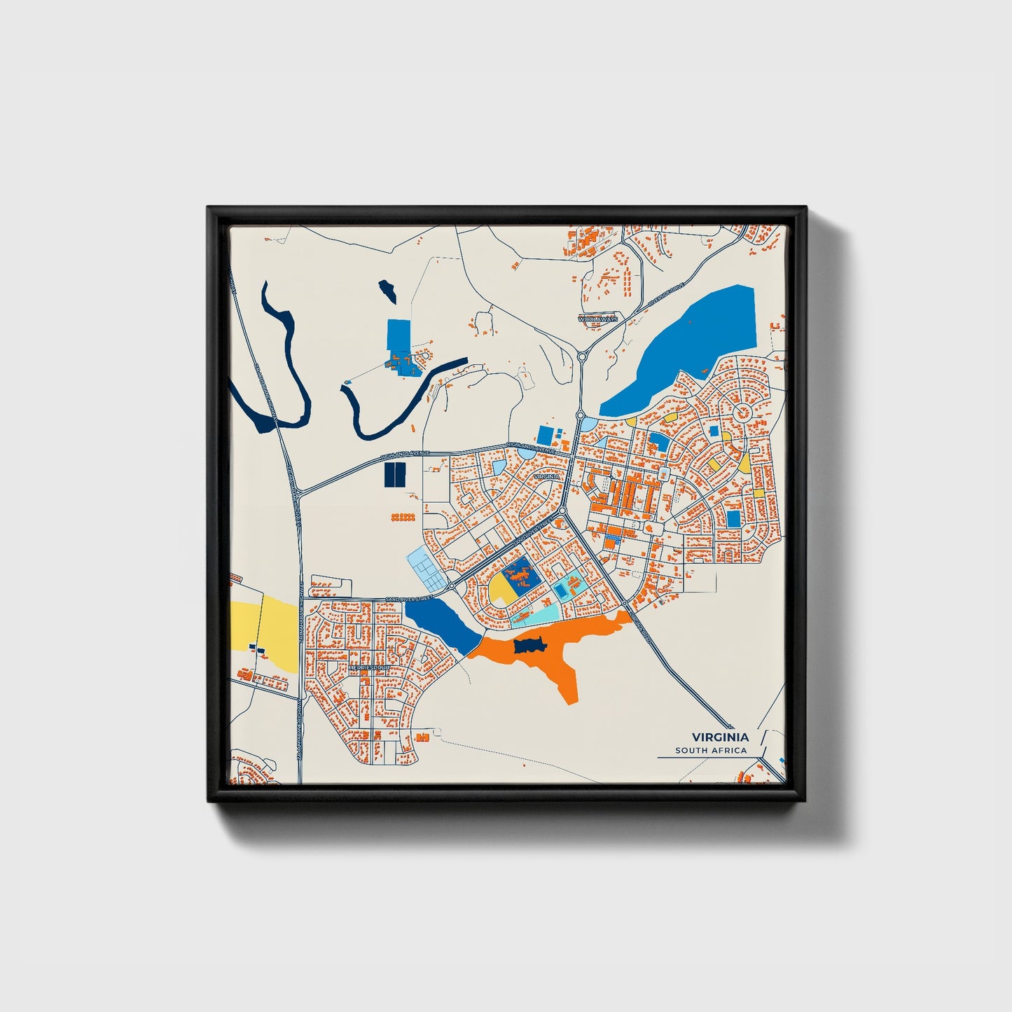 Virginia South Africa Colorful City Map Canvas Print • Black Framed