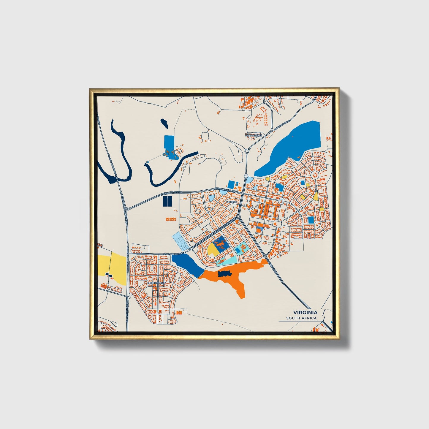 Virginia South Africa Colorful City Map Canvas Print • Gold Framed