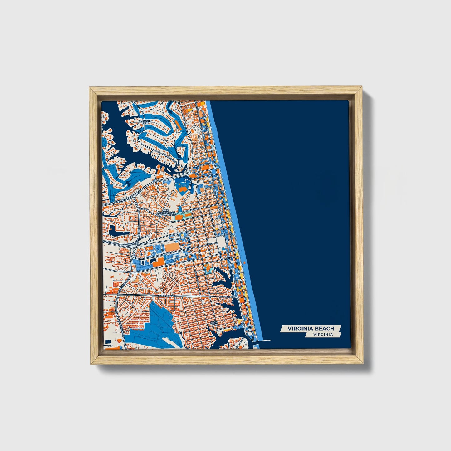 Virginia Beach Virginia Colorful City Map Canvas Print • Natural Wooden Framed