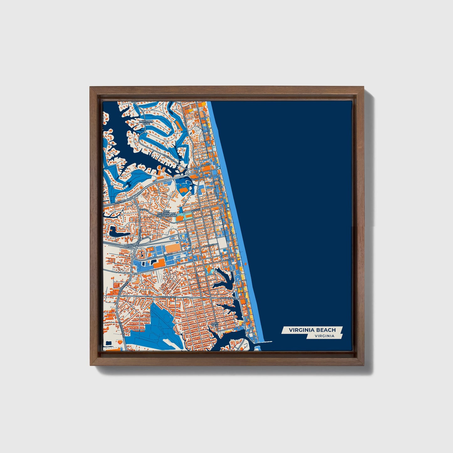 Virginia Beach Virginia Colorful City Map Canvas Print • Dark Wooden Framed
