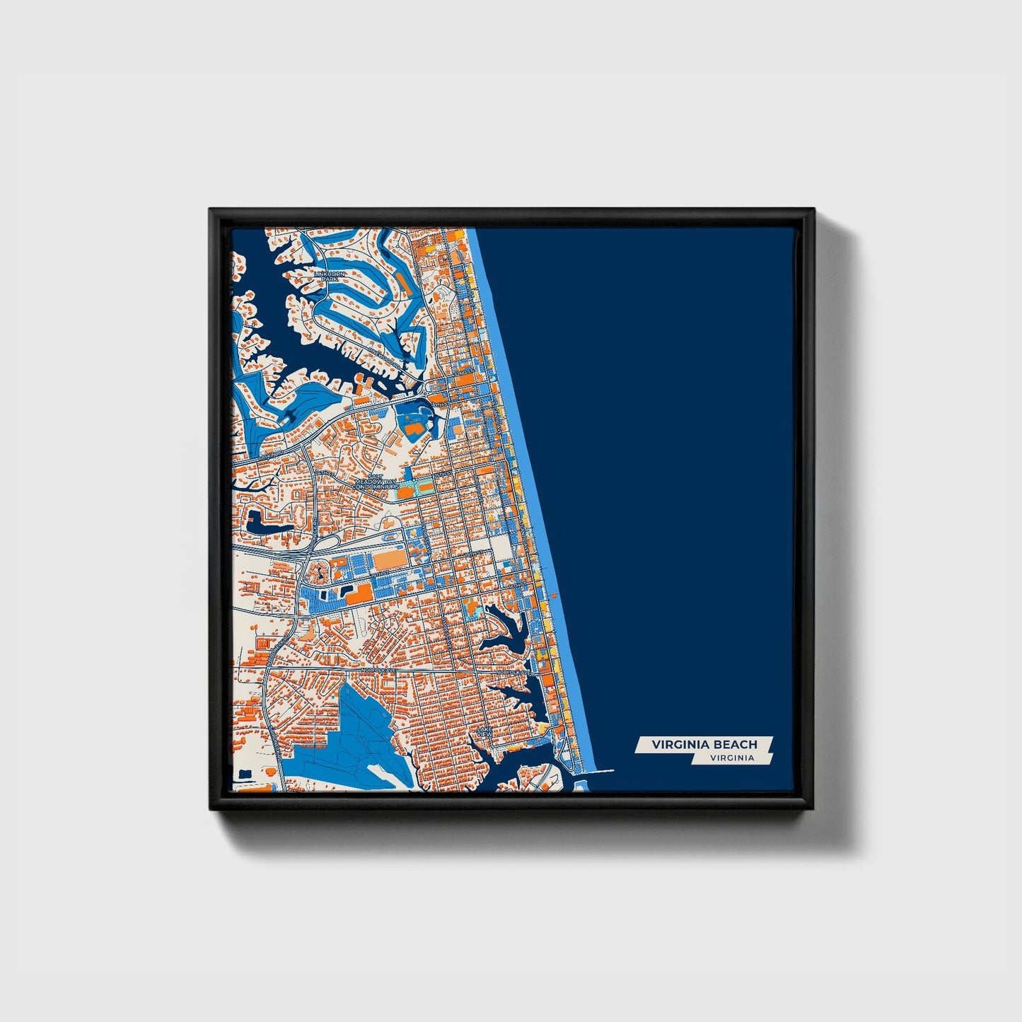 Virginia Beach Virginia Colorful City Map Canvas Print • Black Framed