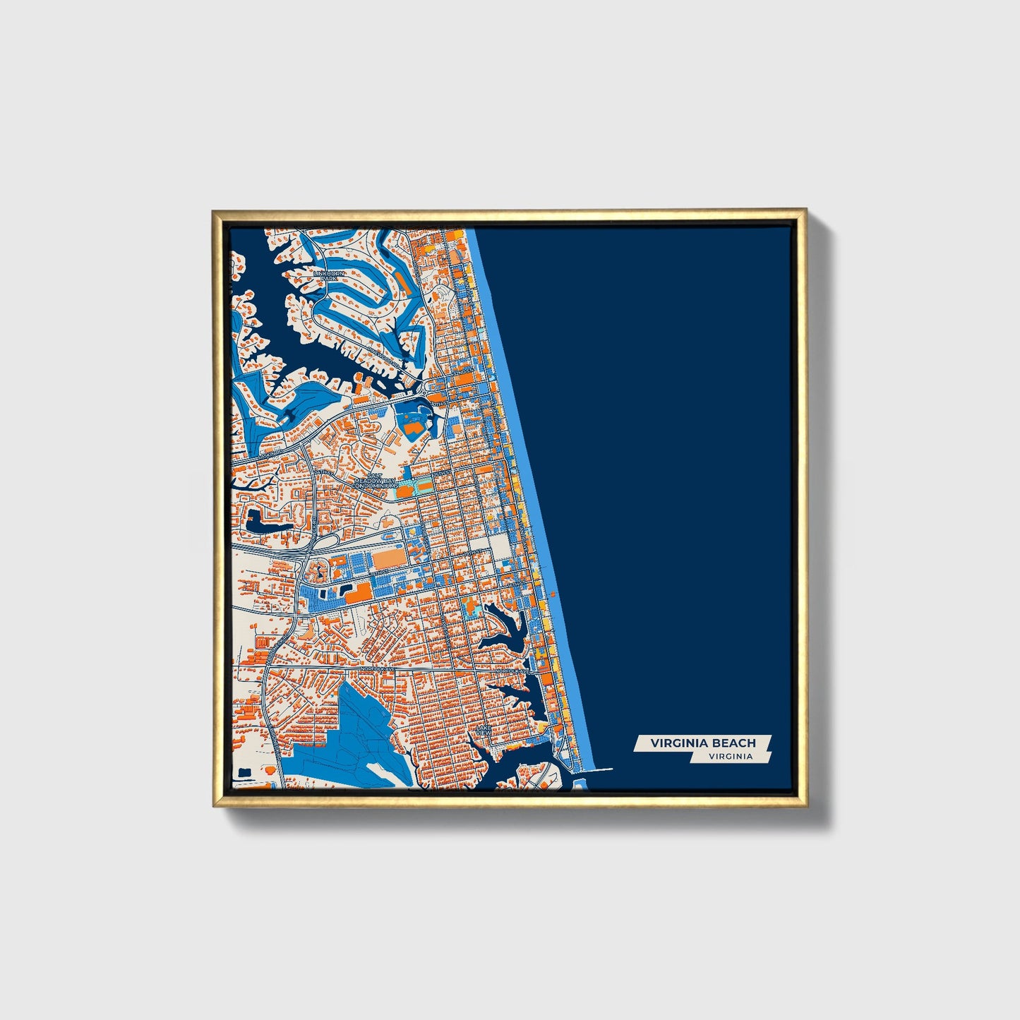 Virginia Beach Virginia Colorful City Map Canvas Print • Gold Framed