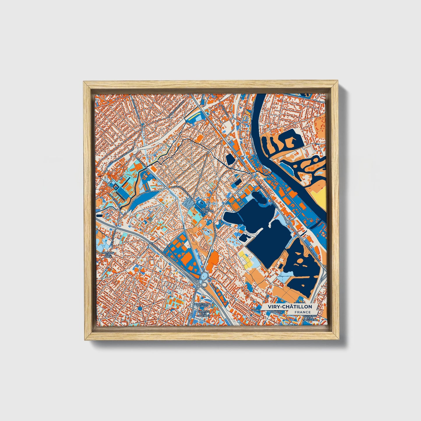 Viry-Châtillon France Colorful City Map Canvas Print • Natural Wooden Framed