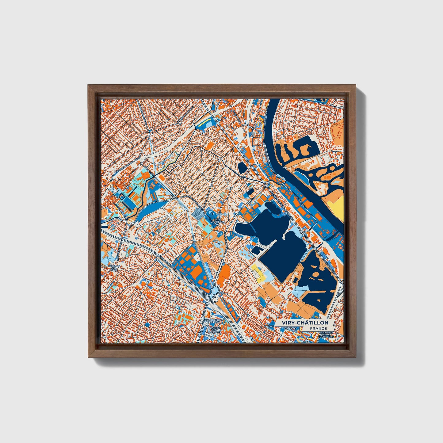 Viry-Châtillon France Colorful City Map Canvas Print • Dark Wooden Framed