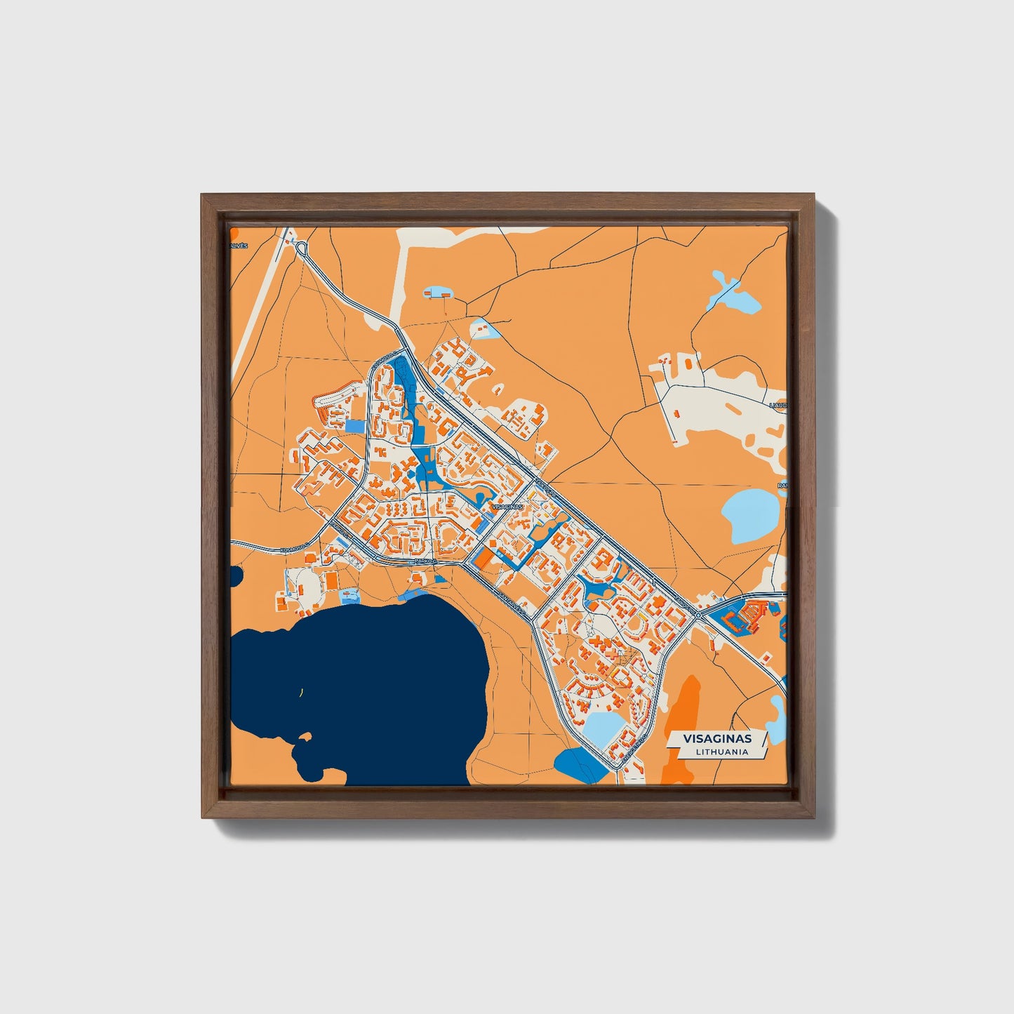 Visaginas Lithuania Colorful City Map Canvas Print • Dark Wooden Framed