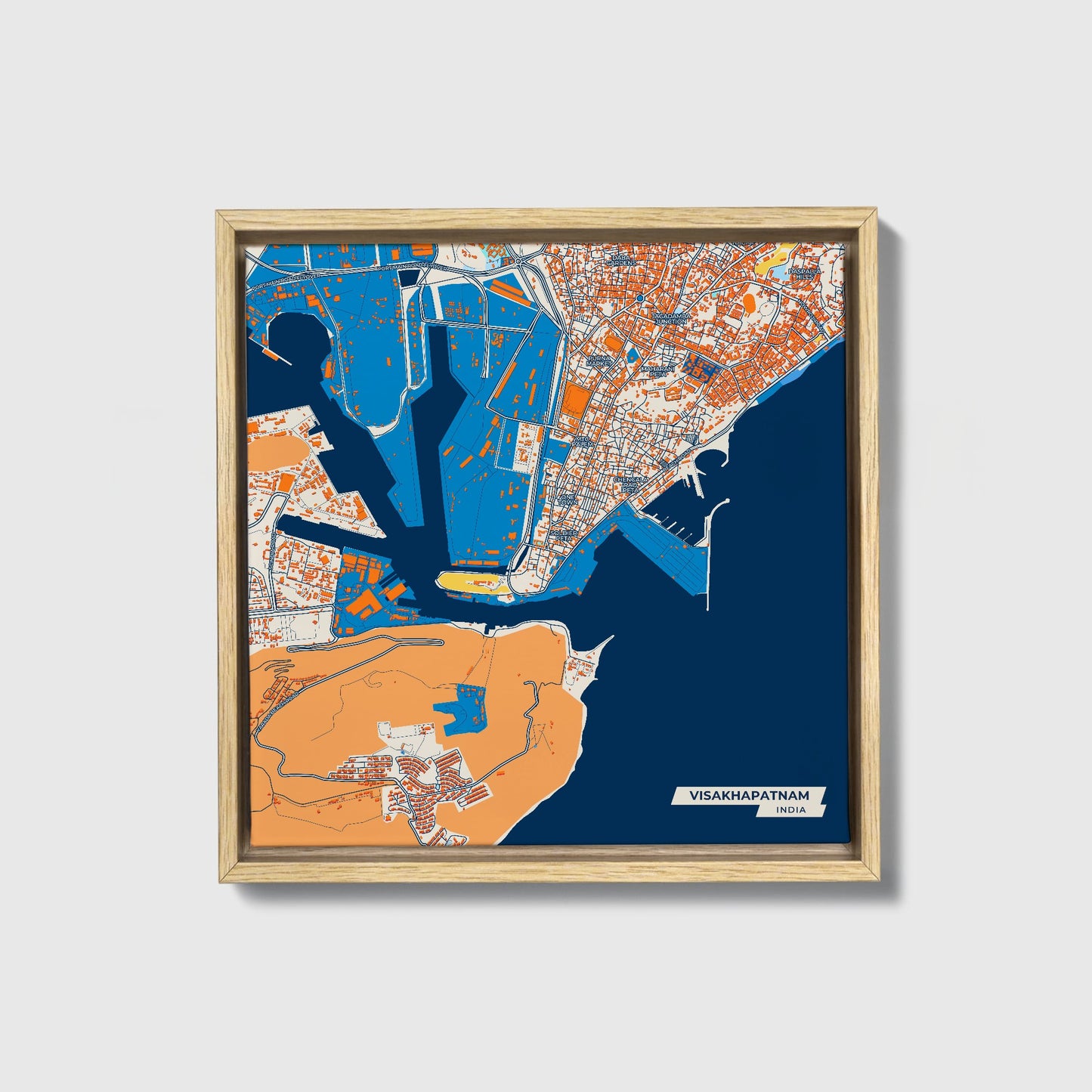 Visakhapatnam India Colorful City Map Canvas Print • Natural Wooden Framed