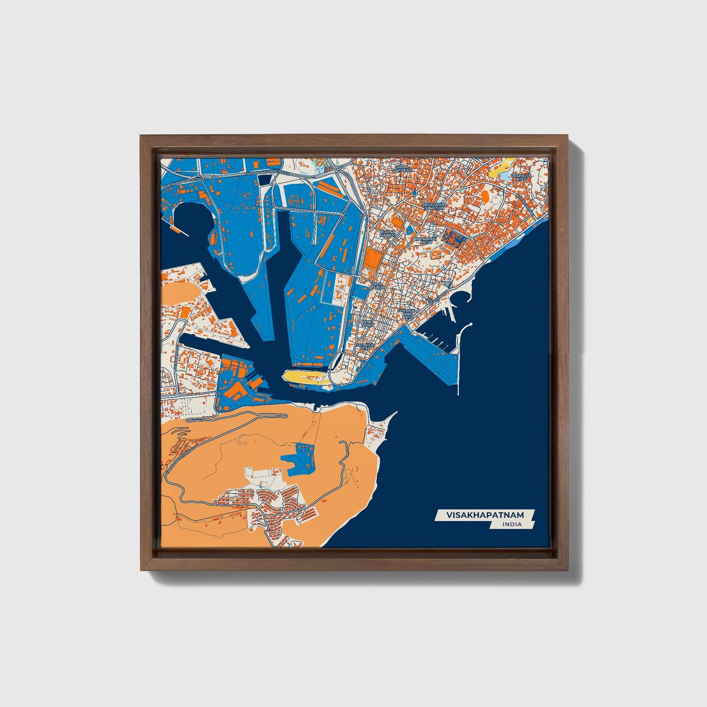 Visakhapatnam India Colorful City Map Canvas Print • Dark Wooden Framed