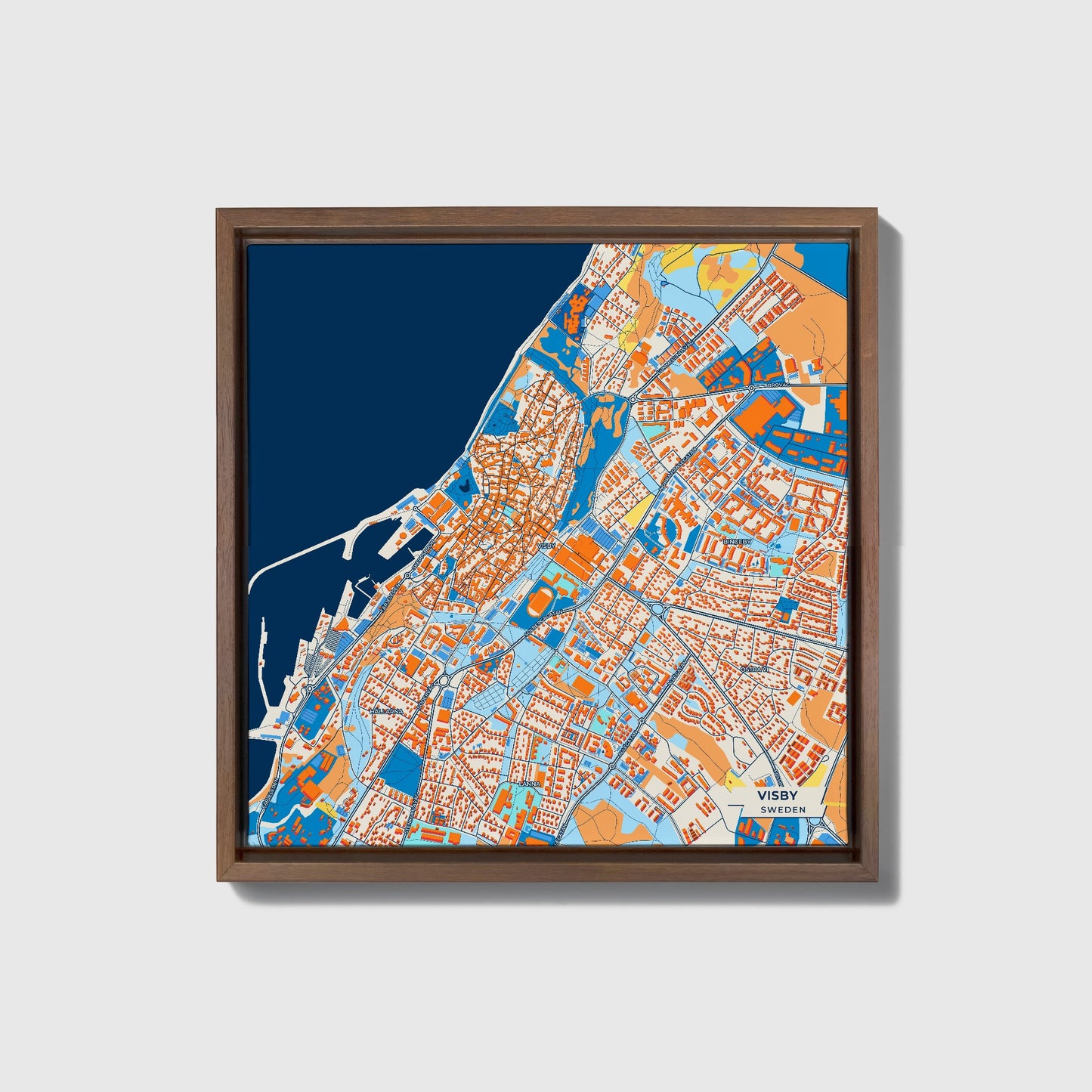 Visby Sweden Colorful City Map Canvas Print • Dark Wooden Framed