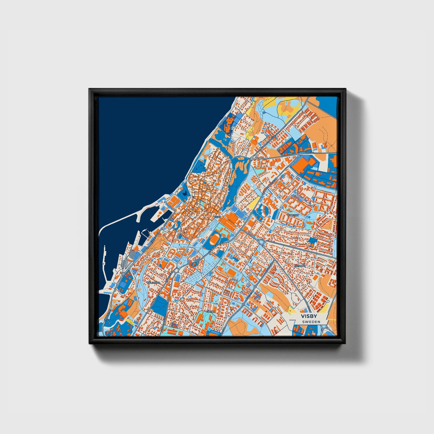 Visby Sweden Colorful City Map Canvas Print • Black Framed
