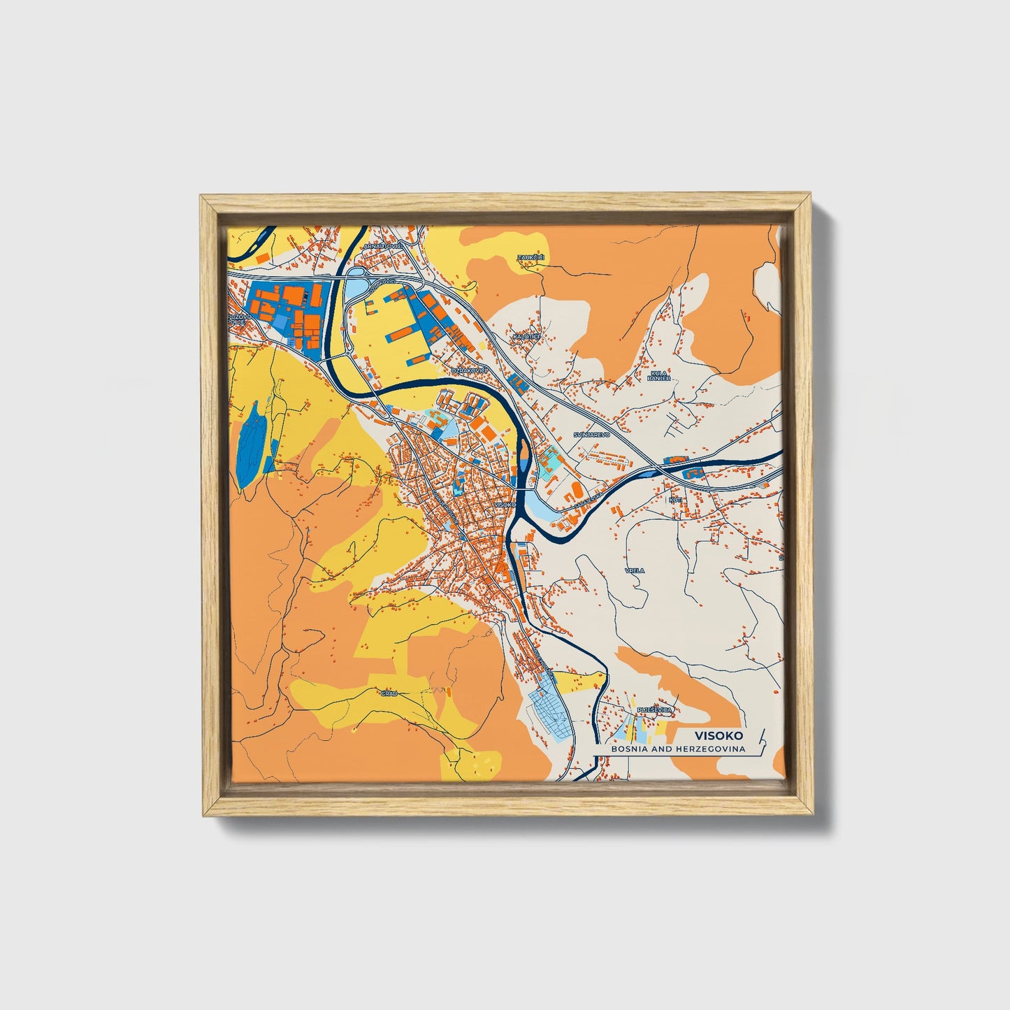 Visoko Bosnia And Herzegovina Colorful City Map Canvas Print • Natural Wooden Framed