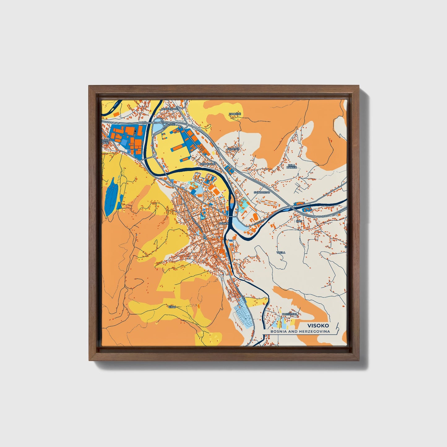 Visoko Bosnia And Herzegovina Colorful City Map Canvas Print • Dark Wooden Framed