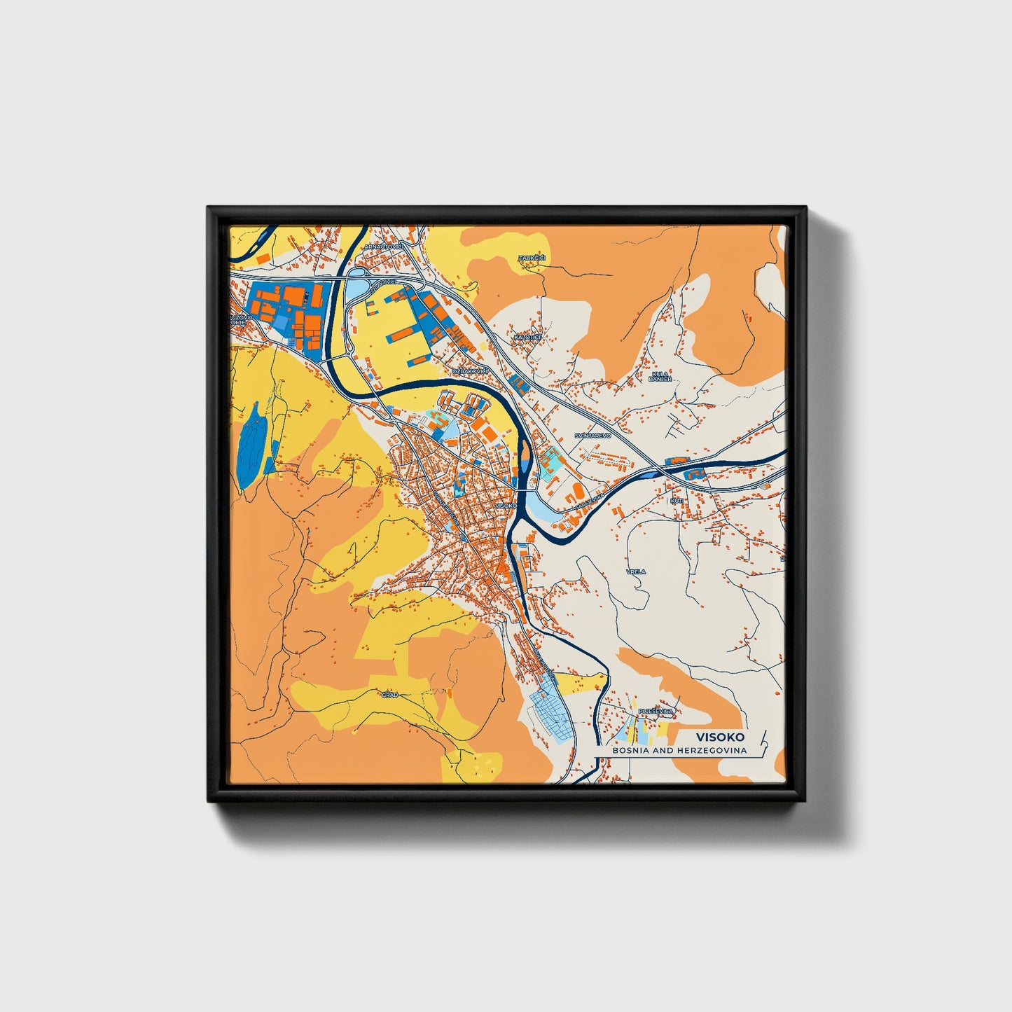 Visoko Bosnia And Herzegovina Colorful City Map Canvas Print • Black Framed