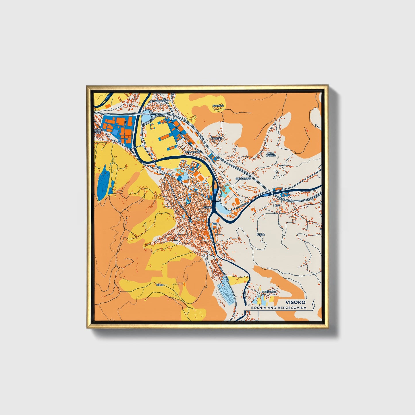 Visoko Bosnia And Herzegovina Colorful City Map Canvas Print • Gold Framed