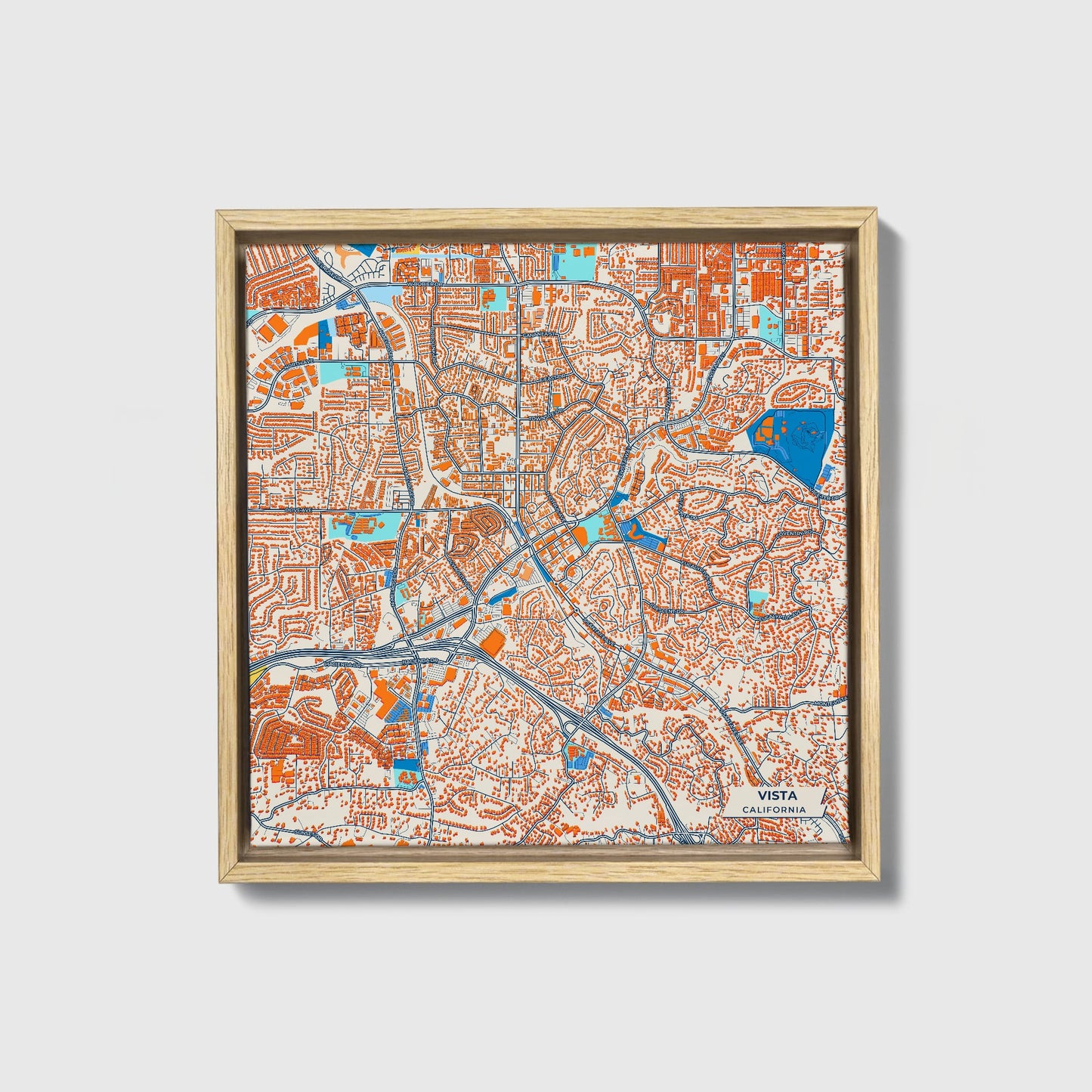 Vista California Colorful City Map Canvas Print • Natural Wooden Framed