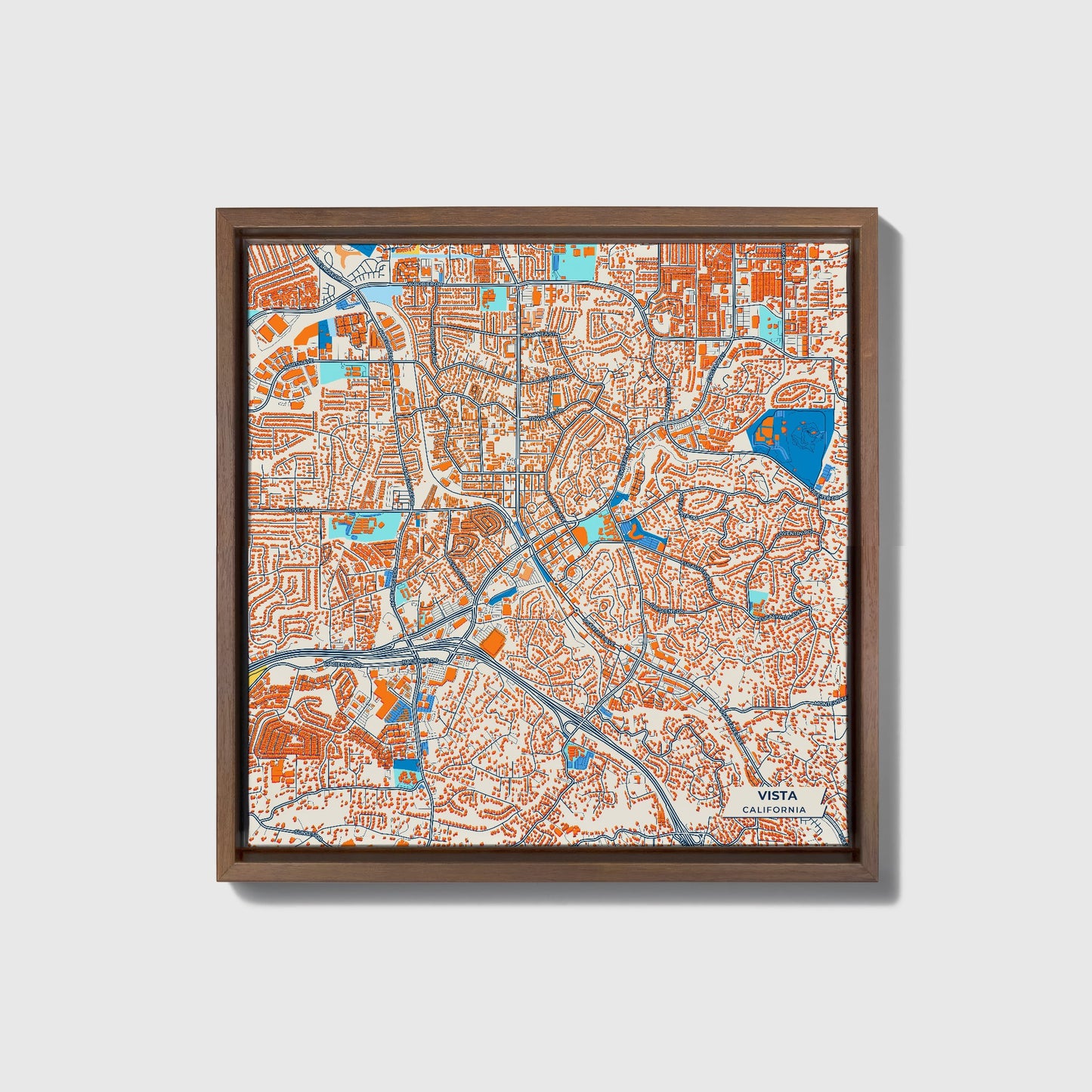 Vista California Colorful City Map Canvas Print • Dark Wooden Framed