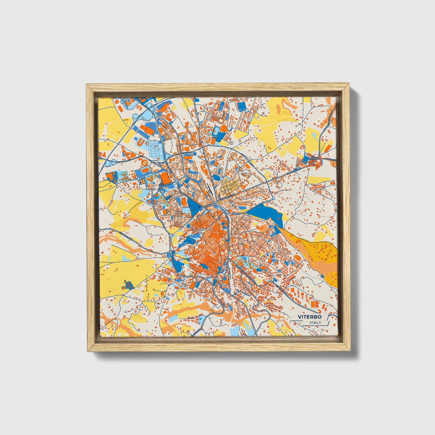 Viterbo Italy Colorful City Map Canvas Print • Natural Wooden Framed