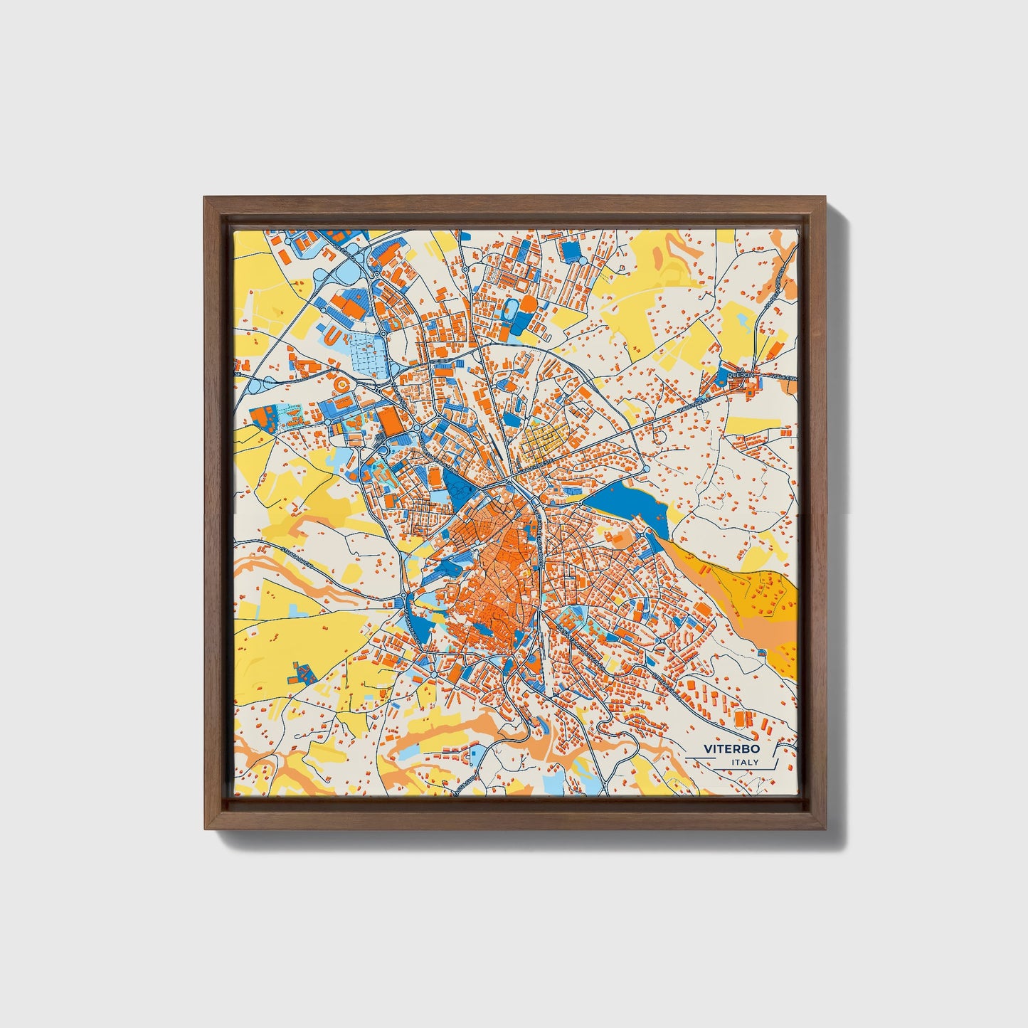 Viterbo Italy Colorful City Map Canvas Print • Dark Wooden Framed