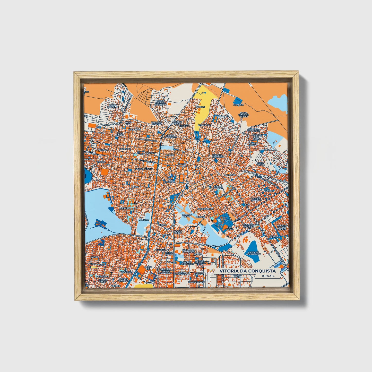 Vitoria Da Conquista Brazil Colorful City Map Canvas Print • Natural Wooden Framed