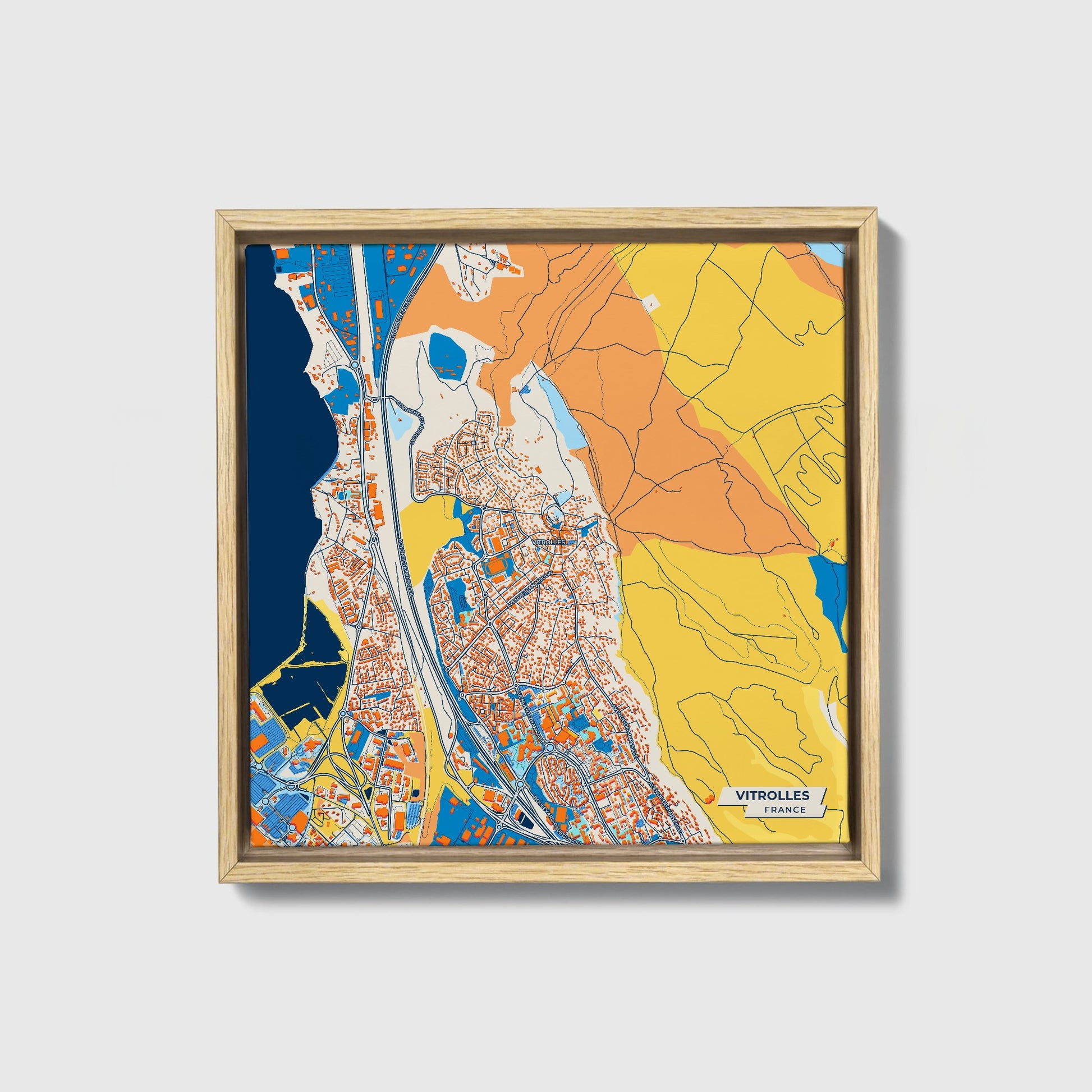 Vitrolles France Colorful City Map Canvas Print • Natural Wooden Framed
