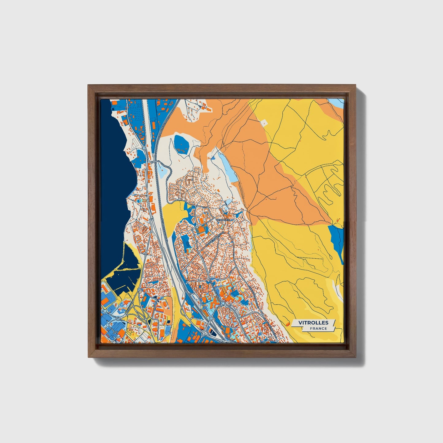 Vitrolles France Colorful City Map Canvas Print • Dark Wooden Framed