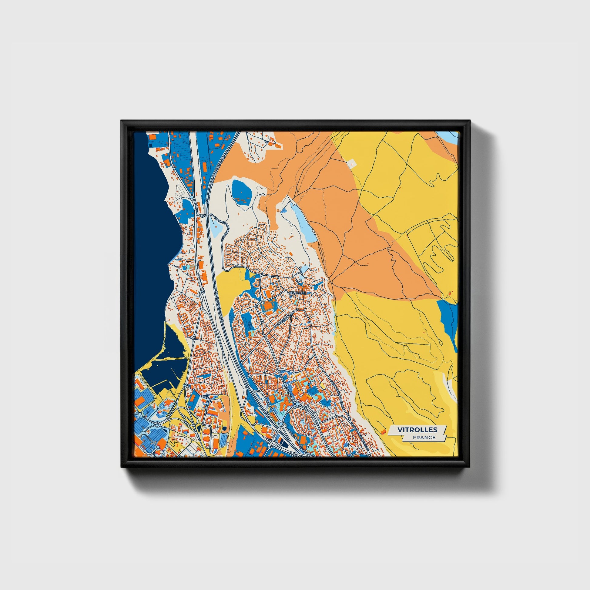 Vitrolles France Colorful City Map Canvas Print • Black Framed