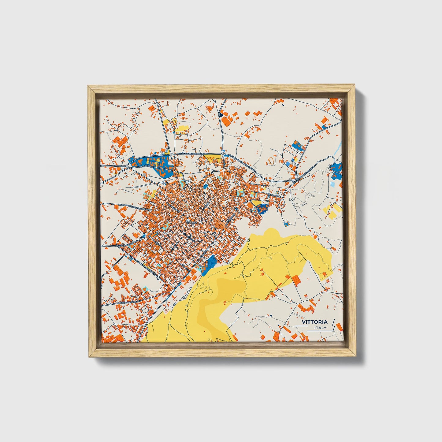 Vittoria Italy Colorful City Map Canvas Print • Natural Wooden Framed