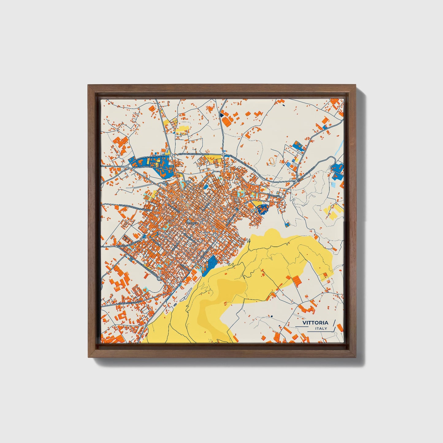 Vittoria Italy Colorful City Map Canvas Print • Dark Wooden Framed