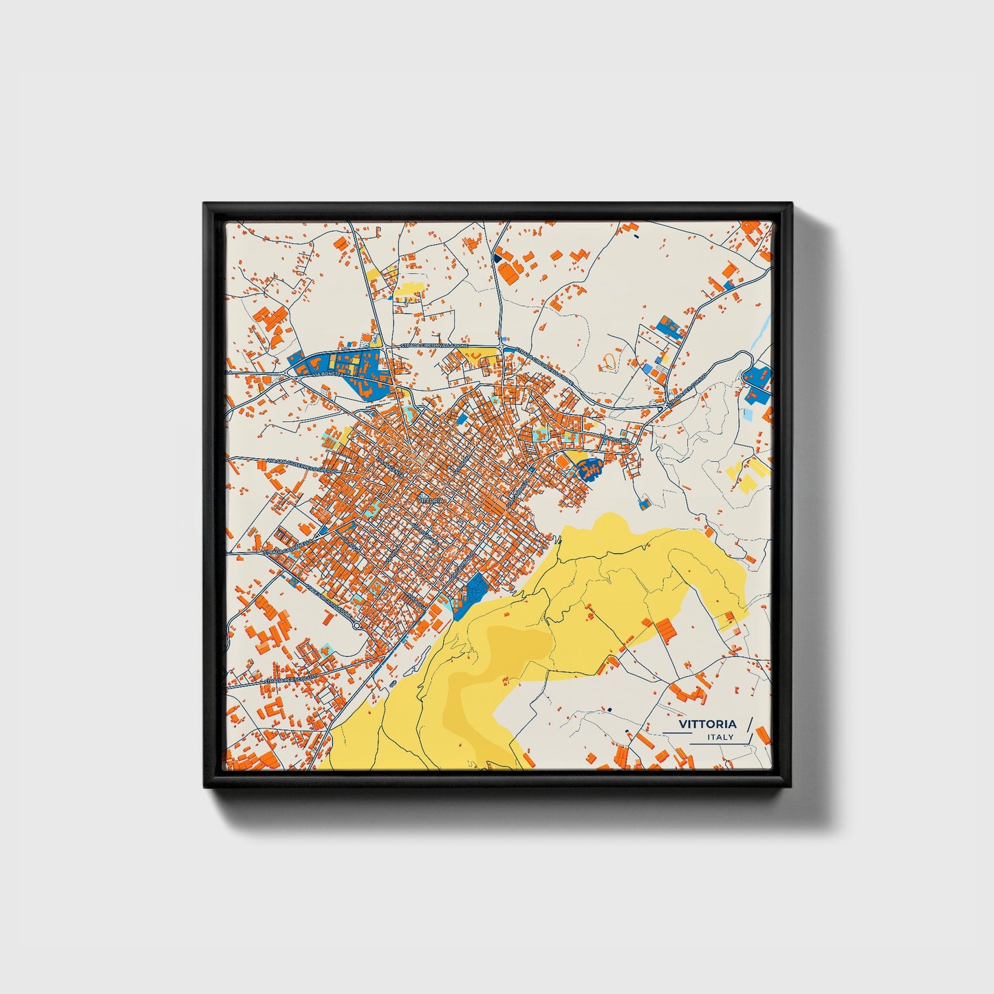 Vittoria Italy Colorful City Map Canvas Print • Black Framed