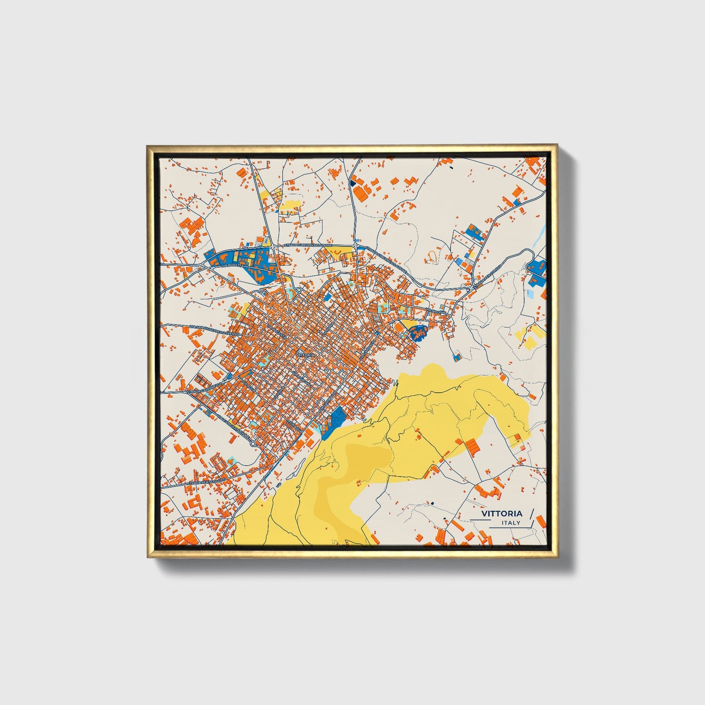 Vittoria Italy Colorful City Map Canvas Print • Gold Framed