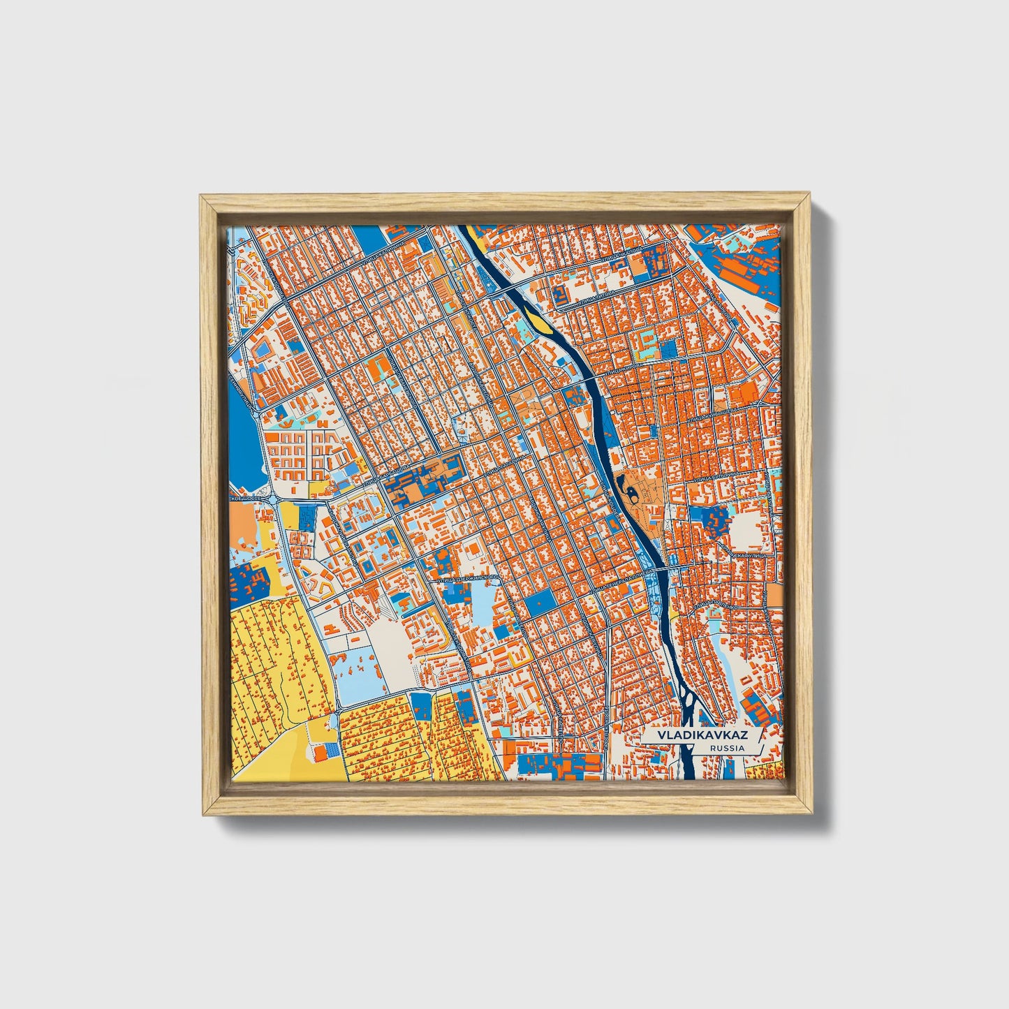 Владикавказ Russia Colorful City Map Canvas Print • Natural Wooden Framed