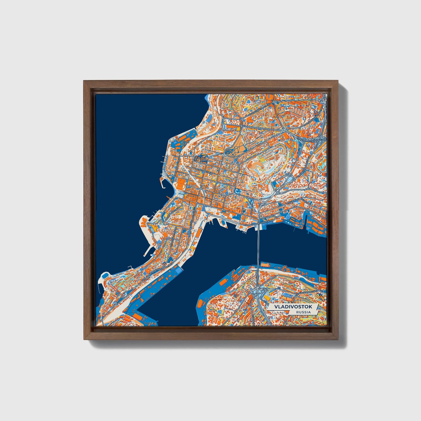 Владивосток Russia Colorful City Map Canvas Print • Dark Wooden Framed