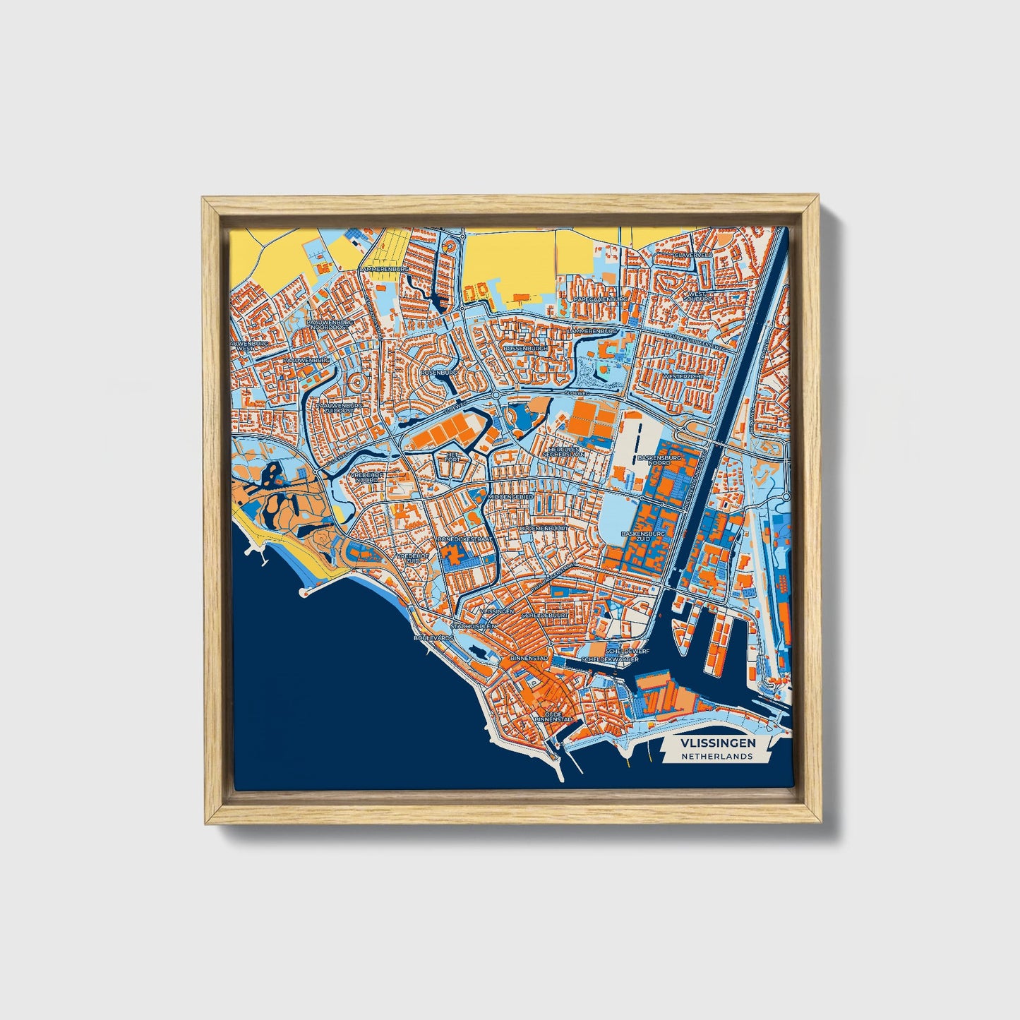 Vlissingen Netherlands Colorful City Map Canvas Print • Natural Wooden Framed