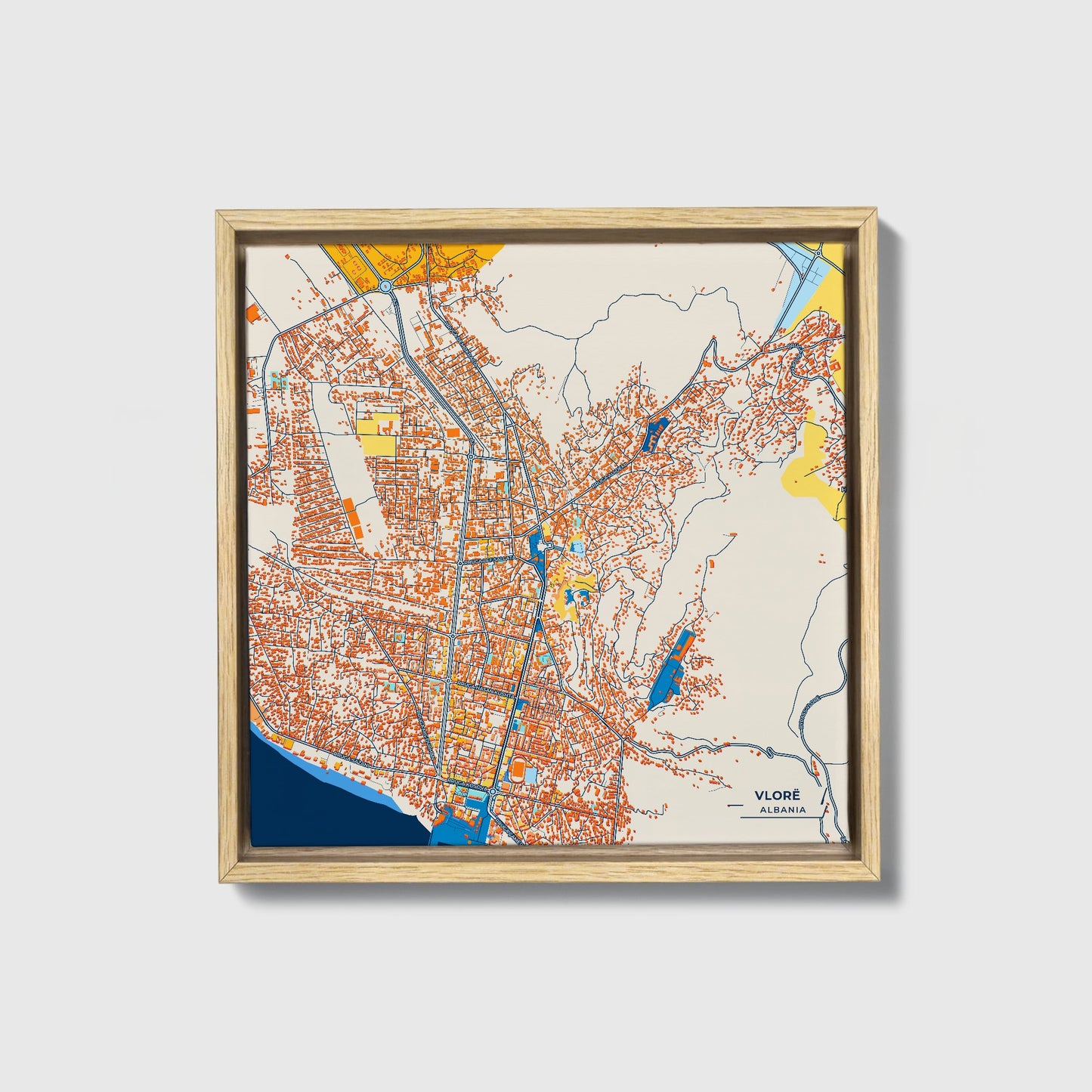Vlorë Albania Colorful City Map Canvas Print • Natural Wooden Framed